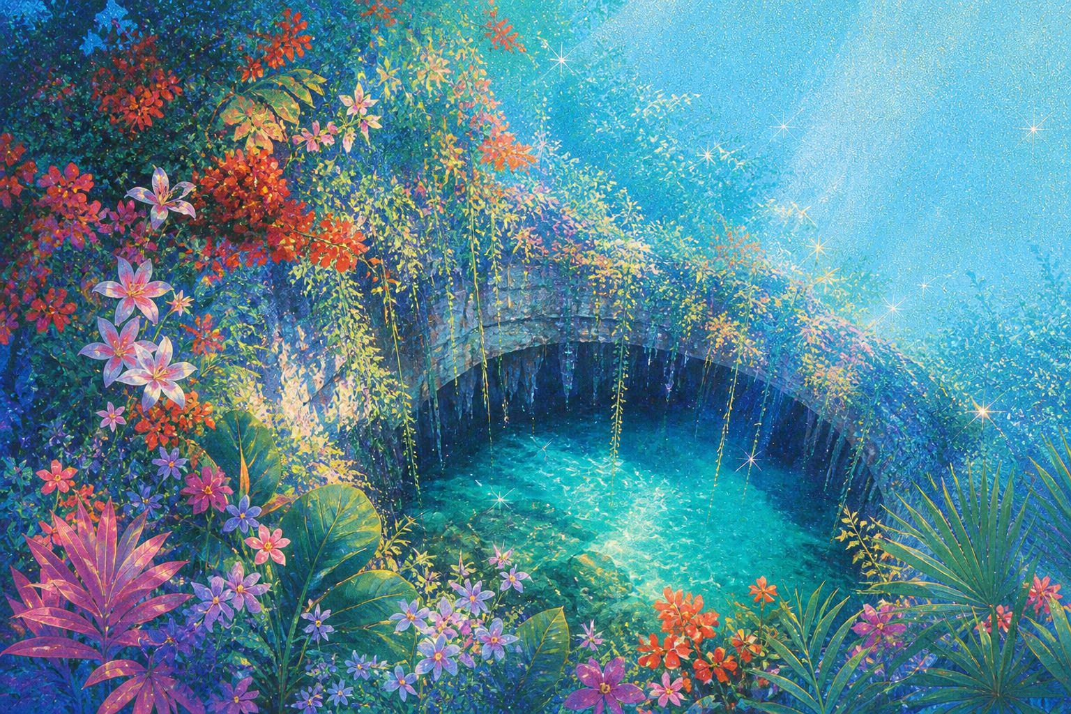 Light falling into a stone cavern above still water